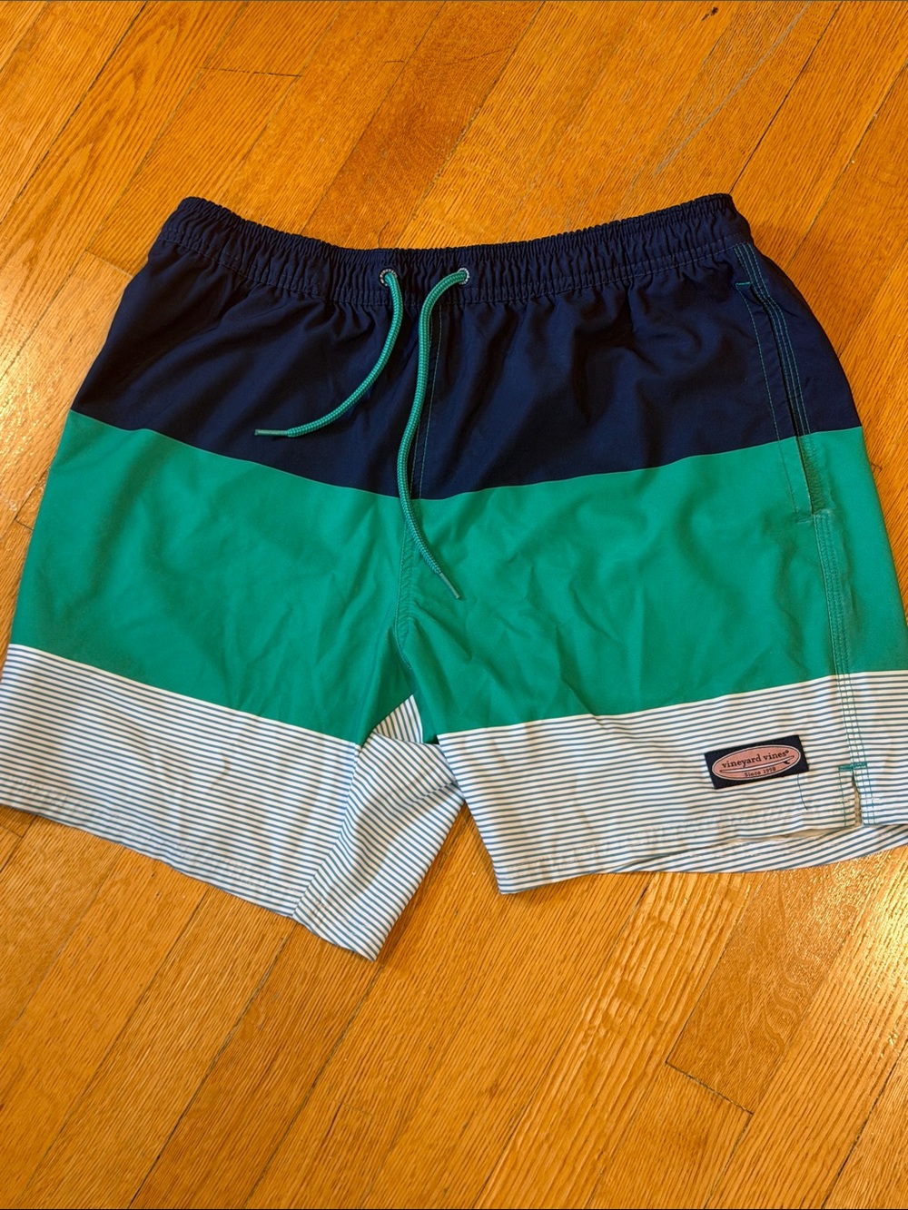 Vineyard Vines Navy, Green & White Striped Men's Swim Shorts